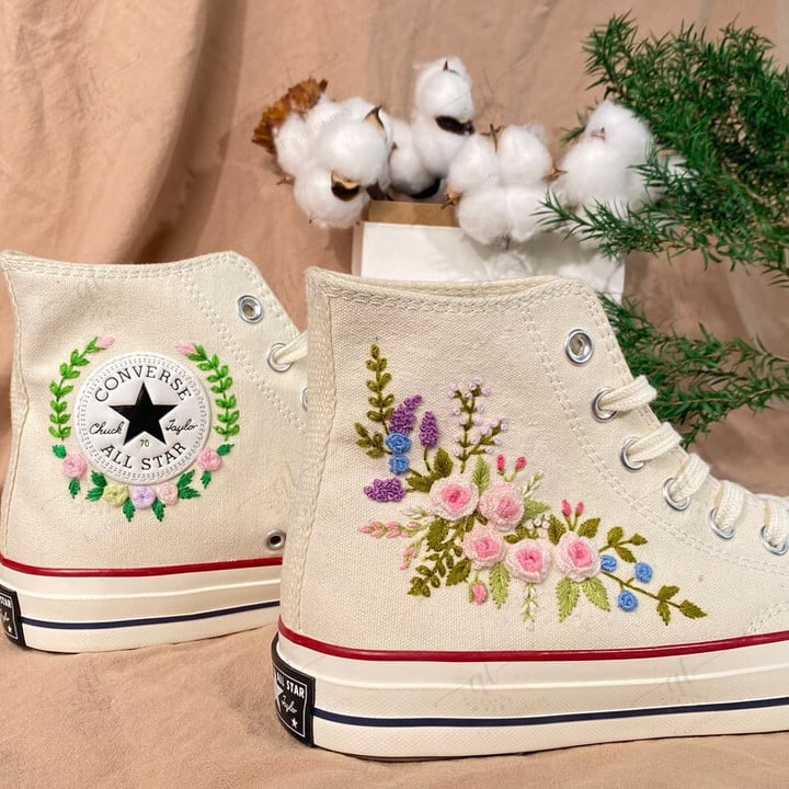Embroidered Wedding Flowers Shoes High - Custom Embroidery Floral for Bride - Embroidered Wedding Flowers Converse 1970s Shoes