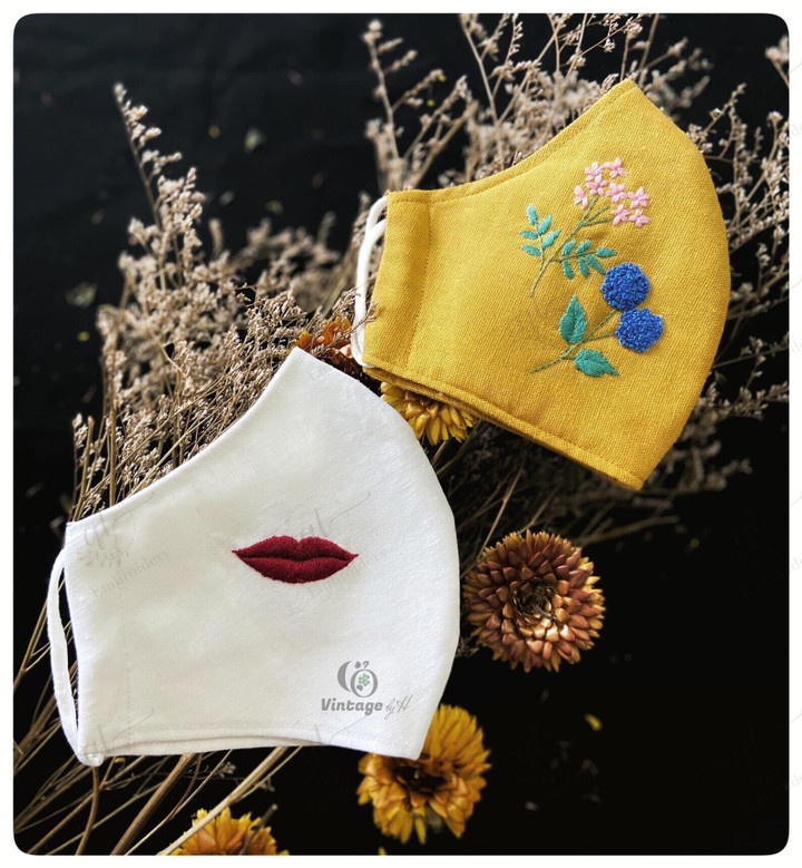 Combo 2 Linen Face Mask, Embroidery Face Mask, Face Mask With Filter Pocket, Hand Embroidered Floral Face Mask, Breathable Mask,Gift For Her
