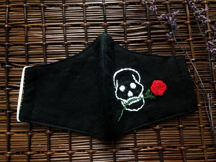 Halloween Skull with rose Face Mask,Linen Face Mask,Hand Embroidery Face Mask,filter face mask,Spooky Ghost,Bat,Black Cat,Witchy Mask