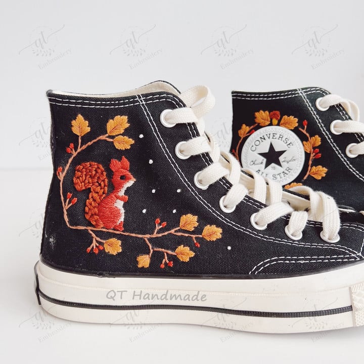 Hand Embroidery Squirrel High Tops Shoes - Squirrel and Flowers Embroidered Converse Custom - Personalized gift for her