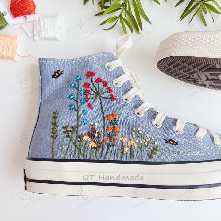Embroidery Flowers Garden Converse Shoes, Custom Hand Flowers Embroidered Converse, Converse Chuck Taylor High Top, Personalized gift for her