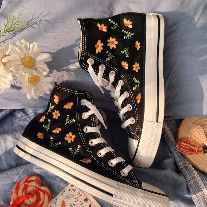 Converse Custom Flower Embroidery/ Embroidered Sneakers Wedding Flowers/ Gift For Her
