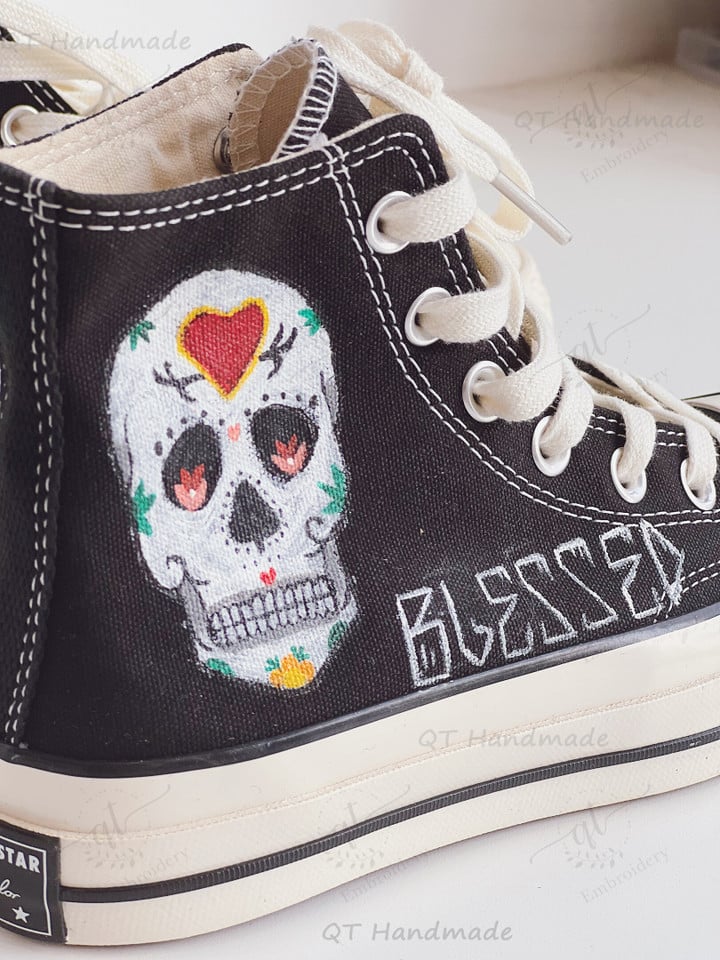 Blessed Heart Skull Art Painting Converse Chuck Taylor, Skeleton Gothic Painting Converse Shoes, Custom Painted Art Sneaker, Halloween Gift