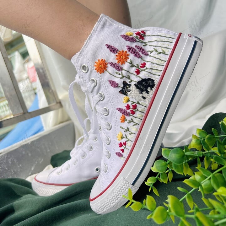 Converse High Tops Flower Garden and Cat/ Embroidered Sneakers Wedding Flowers/ custom Converse Chuck Taylor 1970s Gift For Her
