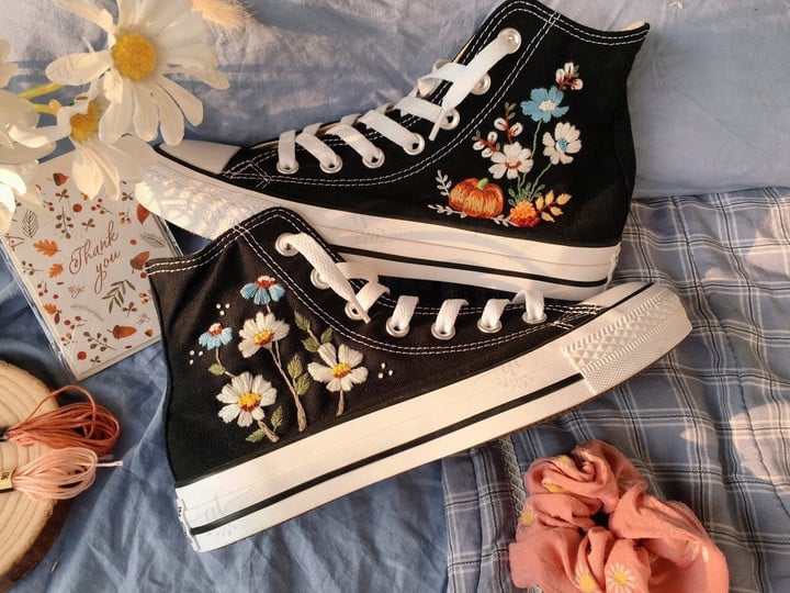Converse High Tops Daisy Flower and Pumpkin/ Embroidered Sneakers Wedding Daisy Flowers/ custom Converse Chuck Taylor 1970s Gift For Her