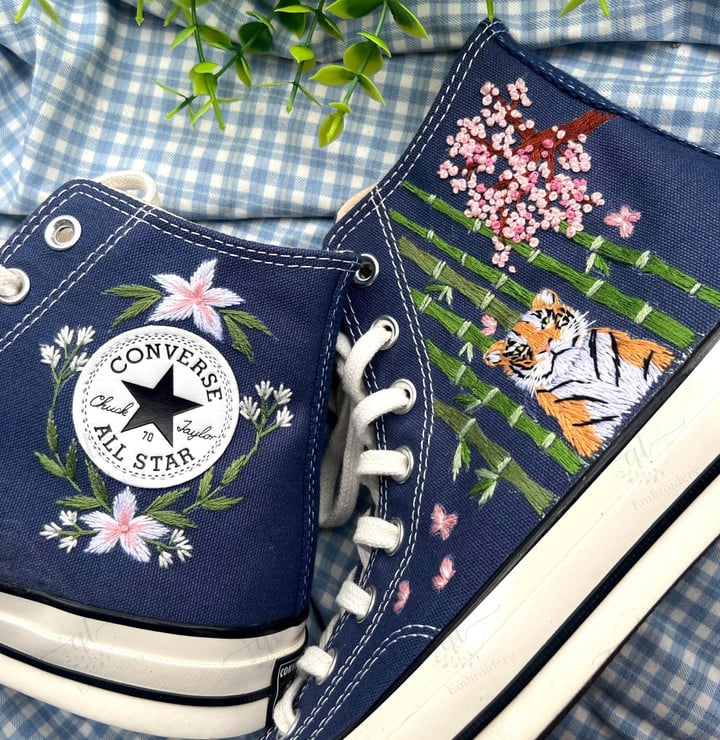 Custom Converse High Tops Personalized Tiger and Bamboo Embroidery/ Embroidered Converse Flower Garden/ Wedding Gifts for her