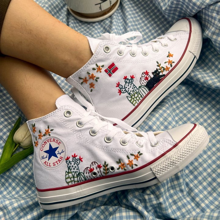Converse High Tops Cactus And Cat Forest / Wedding Converse Shoes/ Embroidered Sneakers Daisy Flowers/ Wedding Gifts for her