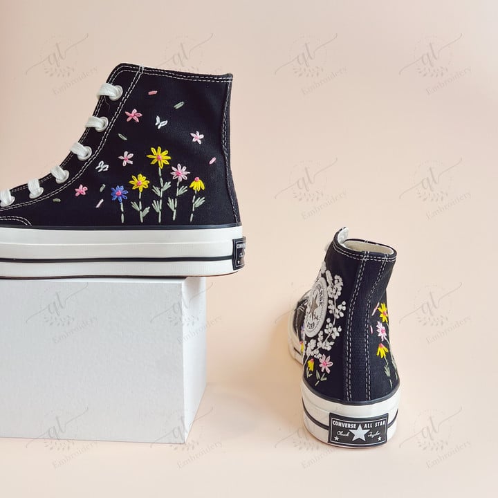 Converse Custom Sweet Flower Garden - Flowers Embroidered Converse - Converse Chuck Taylor High Top - Floral Natural Shoes