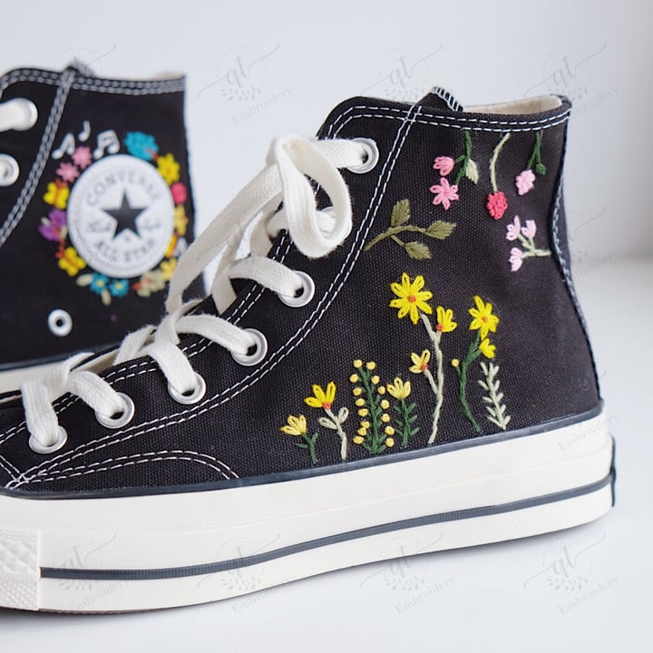 Flower Garden Embroidery Converse Chuck Taylor, Embroidered Music Flower Converse Shoes, Kawaii Embroidered Converse Custom, Personalized Embroidered Sneakers