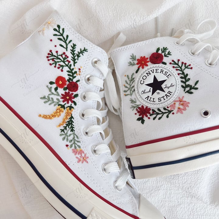 Flower and Chilli Embroidery Converse Chuck Taylor, Embroidered Greenery Chilli Flower Converse Shoes, Kawaii Embroidered Converse Custom, Personalized Embroidered Sneakers