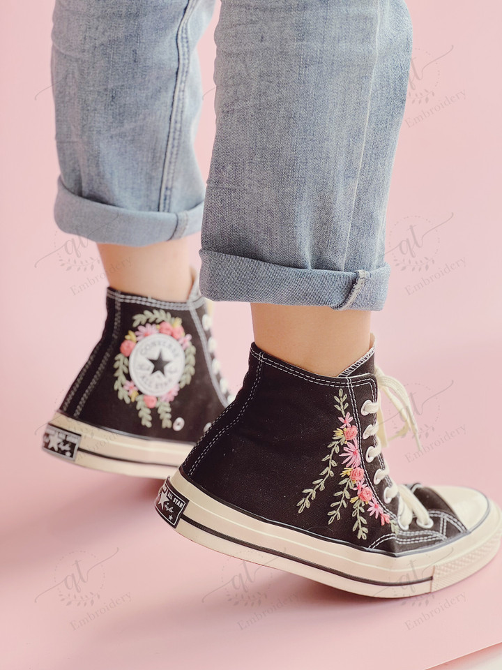 Rose Flower Embroidery Converse Chuck Taylor, Embroidered Pink Rose Converse Shoes, Embroidered Converse Custom, Personalized Embroidered Sneakers