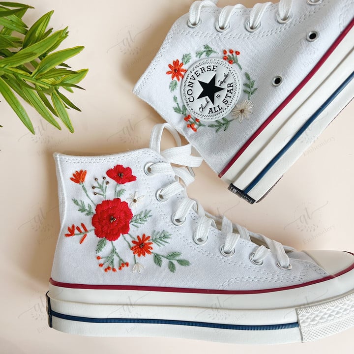 Red Flower Embroidery Converse Chuck Taylor, Embroidered Flower Daisy Rose Converse Shoes, Embroidered Converse Custom, Personalized Embroidered Sneakers
