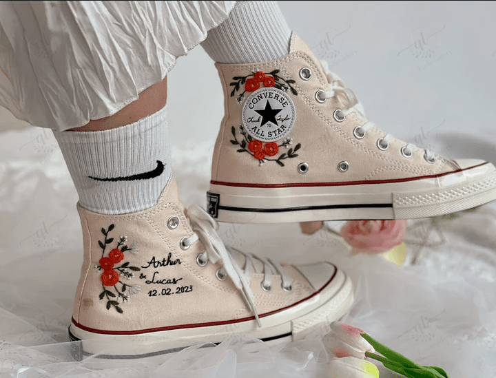 Personalize Embroidery Custom Converse Wedding Name And Date Embroidered Converse High Tops Orange Rose