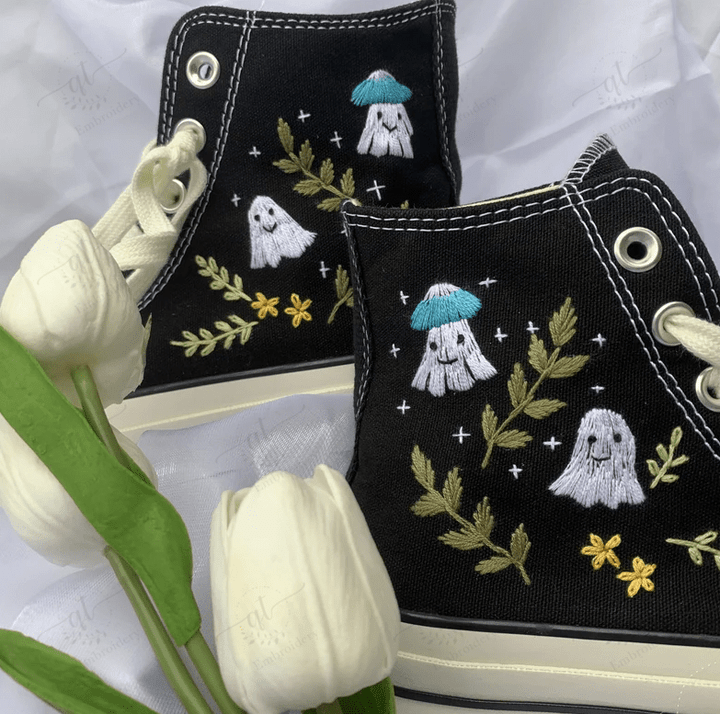 Custom Black And White Chuck Embroidered Mushroom And Ghost Gift For Her Custom Embroidery Converse Chuck Taylor 1970 High Tops Shoes
