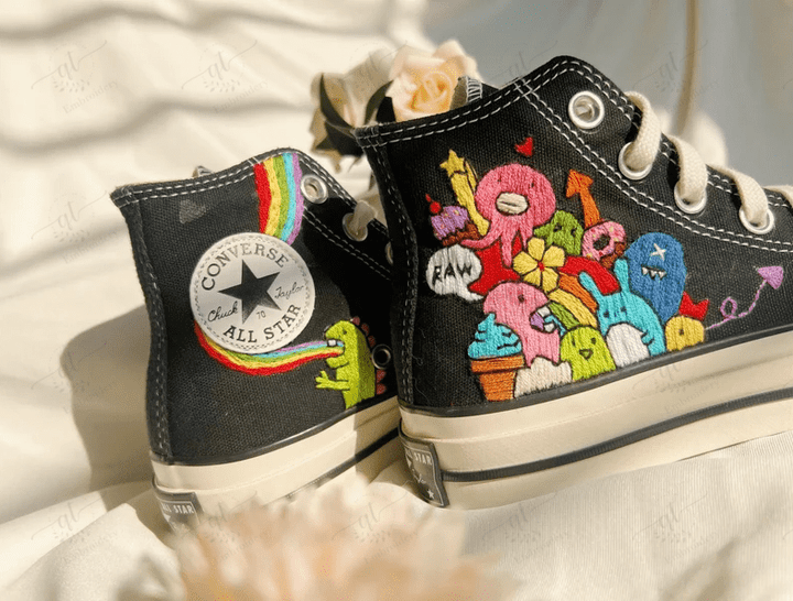 Embroidered Halloween Dinosaur Gift For Halloween Converse Chuck Taylor Custom Cartoon And Ghost Embroidered