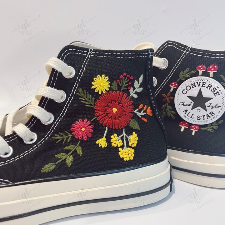 Flower Custom Converse Chuck Taylor 1970s, Floral Mushroom Embroidered Shoes, Floral Converse Wedding Shoes, Gifts for Her, Custom Shoes