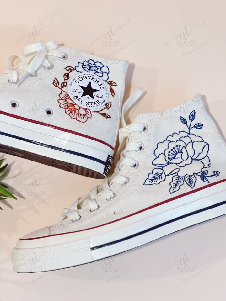 Blue Flower Embroidery Converse Chuck Taylor 1970s Custom Orange Flower Embroidered Flower Converse All Star Gifts for Her Wedding Converse