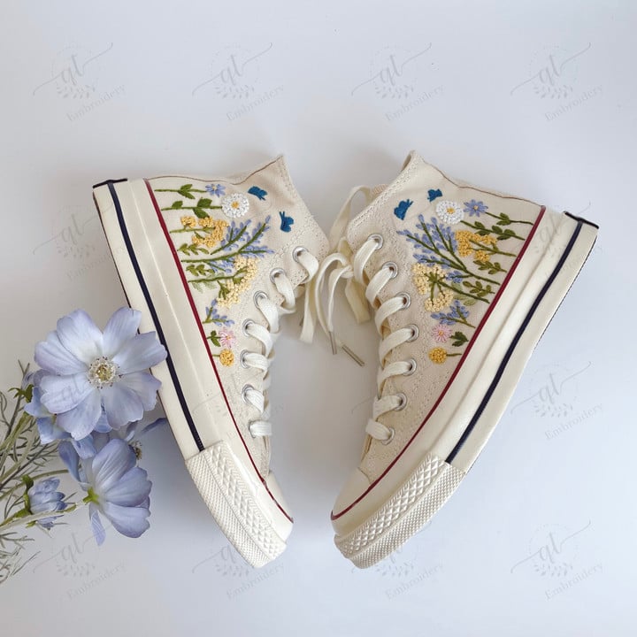 Blue Yellow Flower Embroidery Converse Chuck Taylor 1970s Custom Orange Flower Embroidered Flower Converse All Star Gifts for Her Wedding Converse