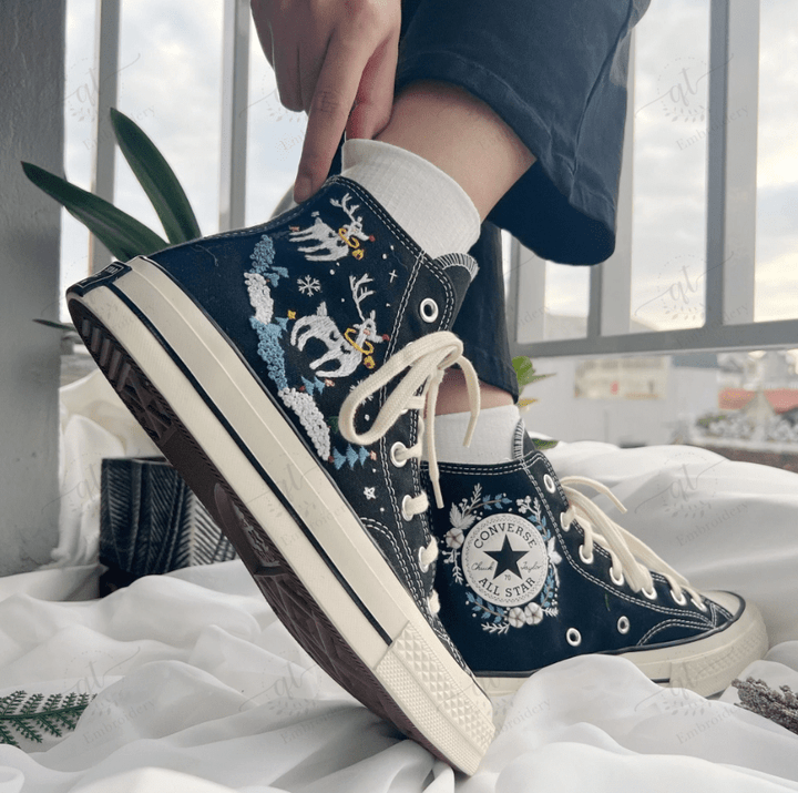 Christmas Reindeer Embroidery Converse Chuck Taylor, Embroidered Christmas Gifts Converse Shoes, Embroidered Converse Custom, Personalized Embroidered Christmas For Her