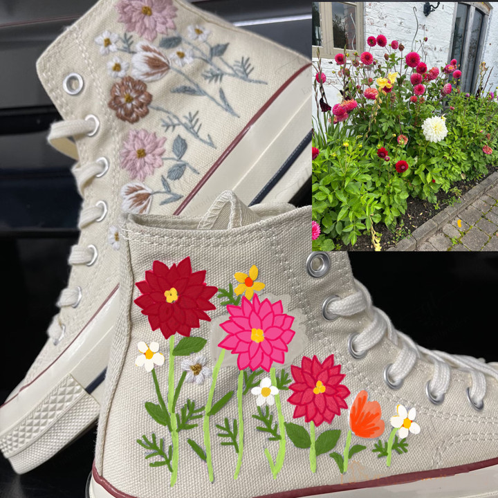 Personalize Embroidery Dahlias Flower Shoes, Converse Chuck Taylor High Top, Dahlias Flower Embroidery Converse, Custom Dahlias Hand Embroidery Converse