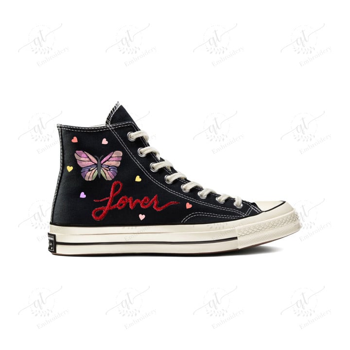 Personalize Taylor Swift Shoes, Folklore And Lover Converse Chuck Taylor High Top, Taylor Swift Folklore Lover Embroidery Converse, Custom Taylor Swift Fan Hand Embroidery Converse