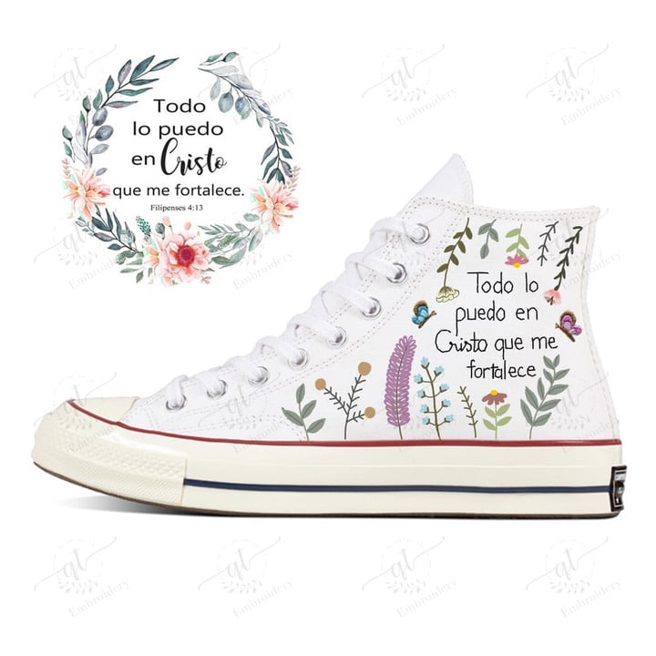 Personalize Embroidery Bible Flower Shoes, Florals Converse Chuck Taylor High Top, Flowers Embroidery Converse, Custom Converse 1970s Hand Embroidery Converse