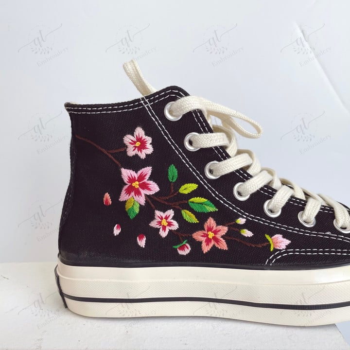 Personalize Embroidery Cherry Blossoms Shoes, Converse Chuck Taylor High Top, Sakura Flower Embroidery Converse, Custom Sakura Blossom Hand Embroidery Converse