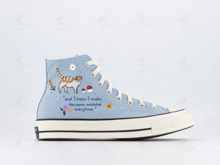 Personalize Embroidery Flowers Cats Shoes, Converse Chuck Taylor High Top, Taylor Swift Lyrics Cats Embroidery Converse, Custom Flowers Playing Cat Handmade Embroidery Converse