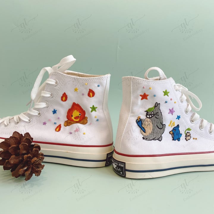 Personalize Embroidery Ghibli Shoes, Converse Chuck Totoro Calcifer Ponyo High Top, Calcifer Ponyo Embroidered Converse, Custom Soot Sprites Hand Embroidery Converse