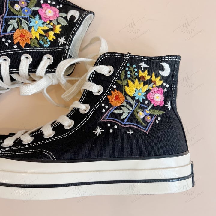 Personalize Embroidery Book Flowers Shoes, Converse Chuck Taylor High Top, Book Florals Embroidery Converse, Custom Hand Embroidered Converse