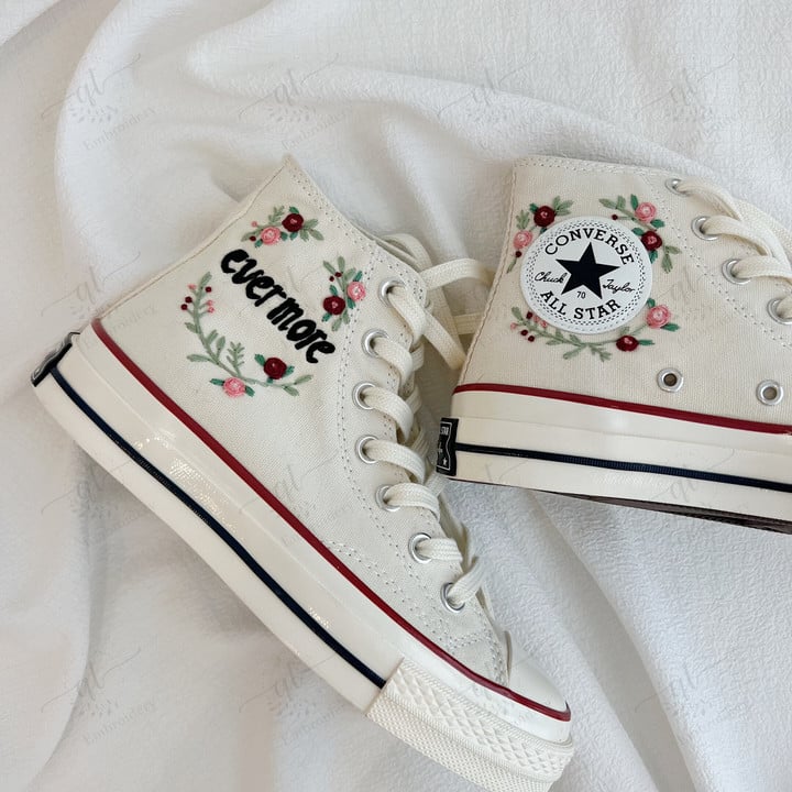 Personalize Embroidery Taylor Swift Rose Flowers Shoes, Converse Chuck Taylor High Top, Evermore Embroidered Converse, Custom Hand Embroidery Converse