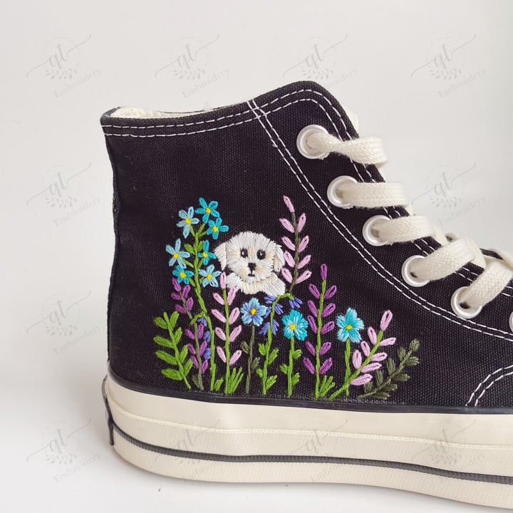 Personalize Embroidery Flowers Dog Shoes, Converse Chuck High Top, Flowers Dog Embroidered Converse, Custom Dog Hand Embroidery Converse