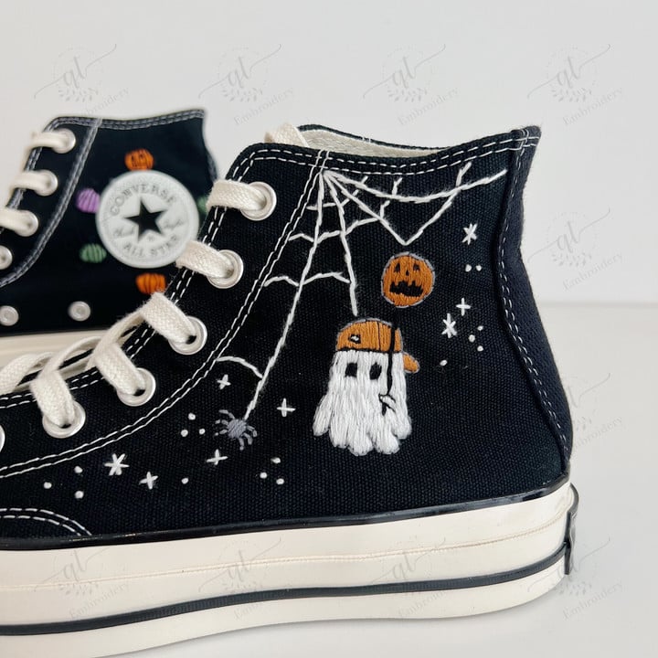 Personalize Embroidery Halloween Shoes, Converse Chuck High Top, Ghost Oogie Boogie Embroidered Converse, Custom Hand Embroidery Halloween Converse