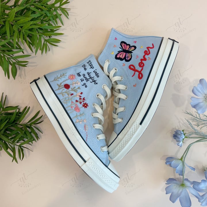 Personalize Embroidery Lover Taylor Swift Shoes, Converse Chuck Taylor High Top For Swiftie, Lover Daylight Taylor Swift Embroidery Converse, Custom Hand Embroidery Converse
