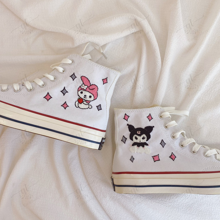 Personalize Embroidery Kuromi My Melody Shoes, Converse Chuck Taylor High Top, Kuromi My Melody Embroidery Converse, Custom Kuromi My Melody Cartoon Hand Embroidery Converse