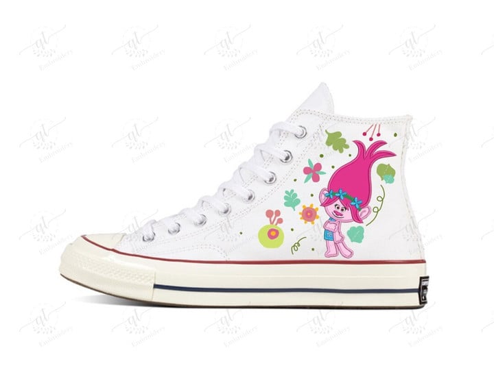 Personalize Embroidery Poppy and Trolls Shoes, Converse Poppy and Trolls Chuck Taylor High Top, Trolls World Tour Embroidery Converse, Custom Poppy and Trolls Handmade Embroidery Converse