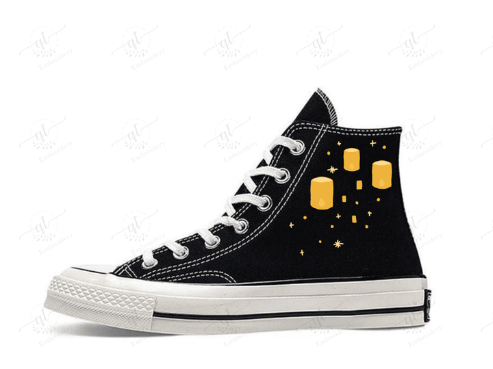 Personalize Embroidery Tangled Movie Lanterns Shoes, Converse Tangled Movie Lanterns Chuck Taylor High Top, Tangled Movie Lanterns Embroidery Converse, Custom Tangled Movie Lanterns Handmade Embroidery Converse