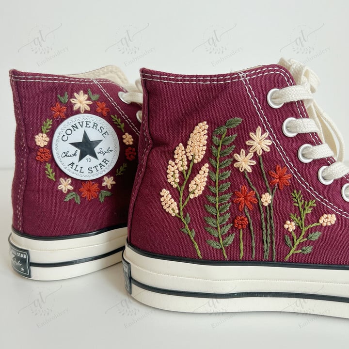 Personalize Embroidery Flower Shoes, Florals Converse Chuck Taylor High Top, Flowers Embroidery Converse, Custom Converse 1970s Hand Embroidery Converse