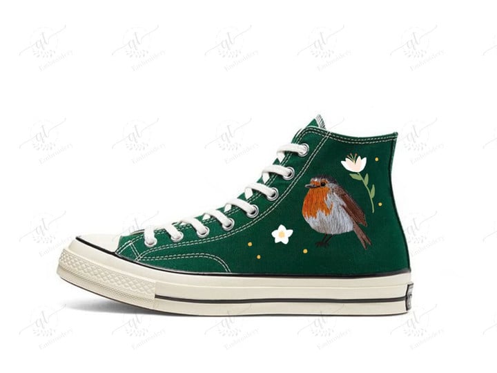 Personalize Embroidery Robin Bird Shoes, Converse Embroidery Robin Bird and Strelitzia Flower Chuck Taylor High Top, Custom Bird Of Pararadise Converse, Custom Handmade Embroidery Converse