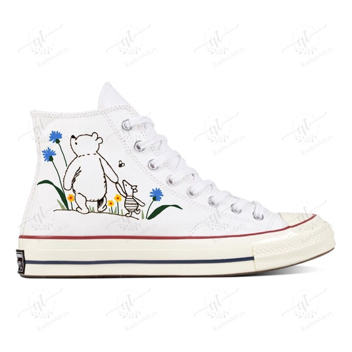 Personalize Embroidery Pooh and Piglet Shoes, Converse Embroidery Pooh Bears Chuck Taylor High Top, Custom Pooh Piglet Flowers Converse, Custom Handmade Embroidery Converse