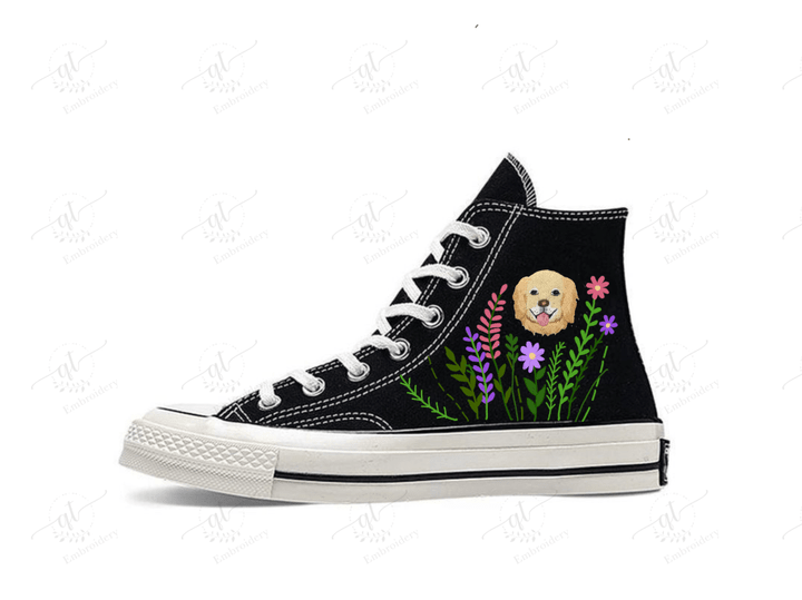 Personalize Embroidery Dogs Shoes, Converse Embroidery Dog and Flowers Chuck Taylor High Top, Custom Dogs Floral Flowers Converse, Custom Handmade Embroidery Converse