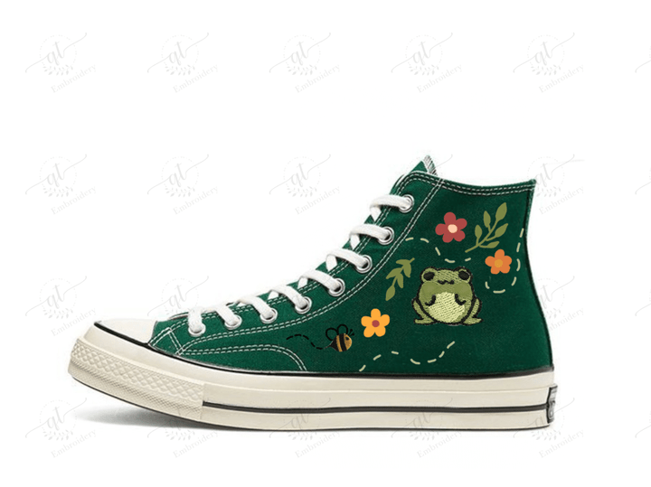 Personalize Frog Flowers Embroidery Shoes, Converse Frog Flowers Embroidery Chuck Taylor High Top, Custom Frog and Flowers Converse, Custom Handmade Embroidery Converse