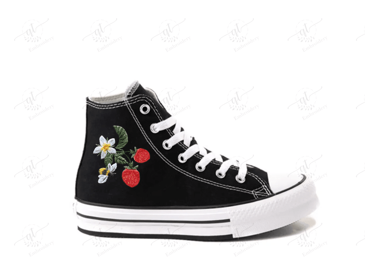 Personalize Strawberry Embroidery Kid Shoes, Strawberry Embroidery Kid Canvas Shoes, Custom Handmade Embroidery Shoes