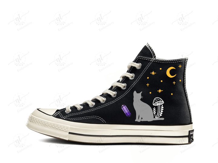 Personalize Cat Mushroom Embroidery Shoes, Converse Cat Mushroom Embroidery Chuck Taylor High Top, Custom Cat Moon and Stars Converse, Custom Handmade Embroidery Converse