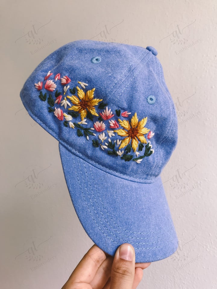 Floral Embroidered Denim Cap, Wash Cotton Baseball Cap, Hand Embroidered Flower Hat, Embroidery Women Cap, Curve Brim Summer Cap, Flower Lover Gift For Woman