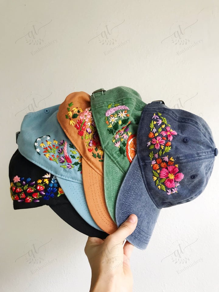 Hand Embroidery Floral Hat, Baseball Cap, Embroidered Denim Cap, Embroidered Flower Cap, Vintage Hat For Woman