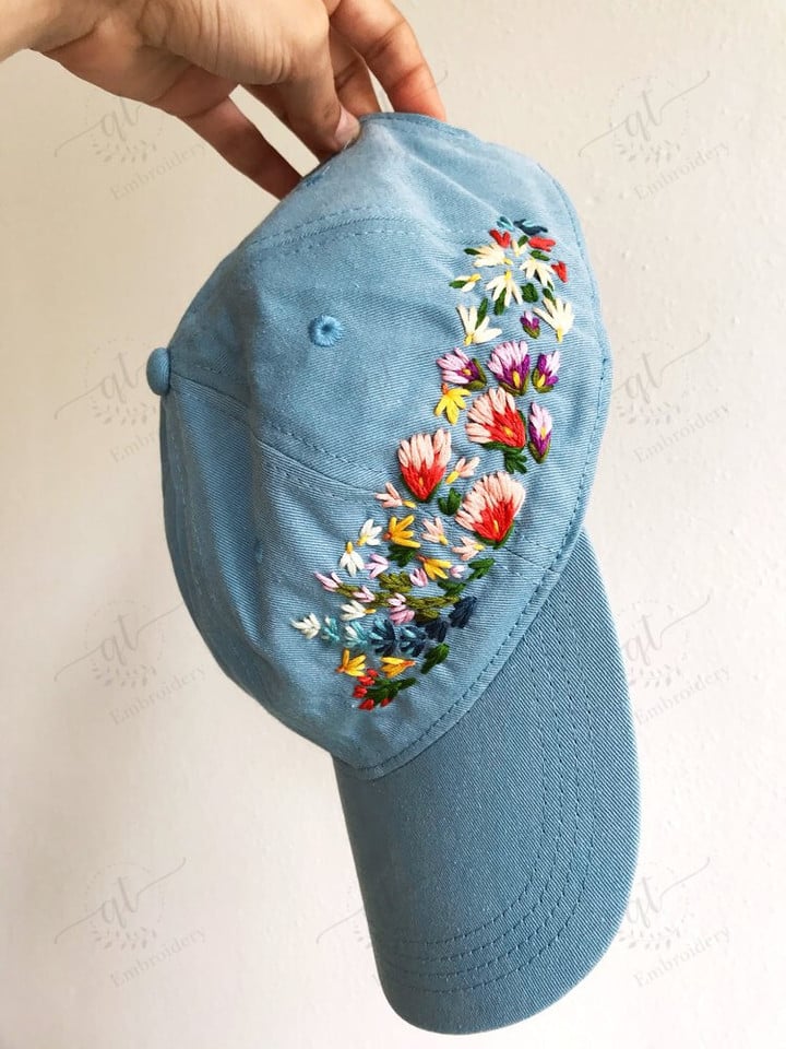 Hand Embroidery Wild Flower and Bee Baseball Cap, Khaki Color Denim Hat, Vintage Embroidered Floral Hat For Woman