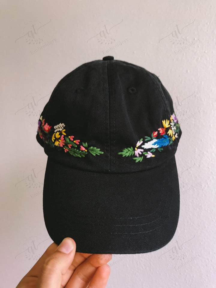 Hand Embroidery Wild Flower and Bee Hat, Vintage Hat For Woman Baseball Cap, Blue Denim Hat, Vintage Embroidered Floral Hat For Woman
