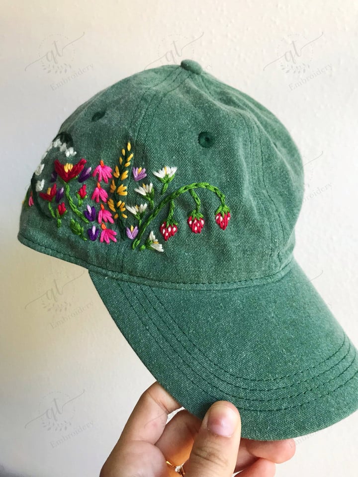 Hand Embroidery Bouquet Flower Baseball Cap, Blue Denim Hat, Embroidered Floral Hat, Vintage Hat For Woman