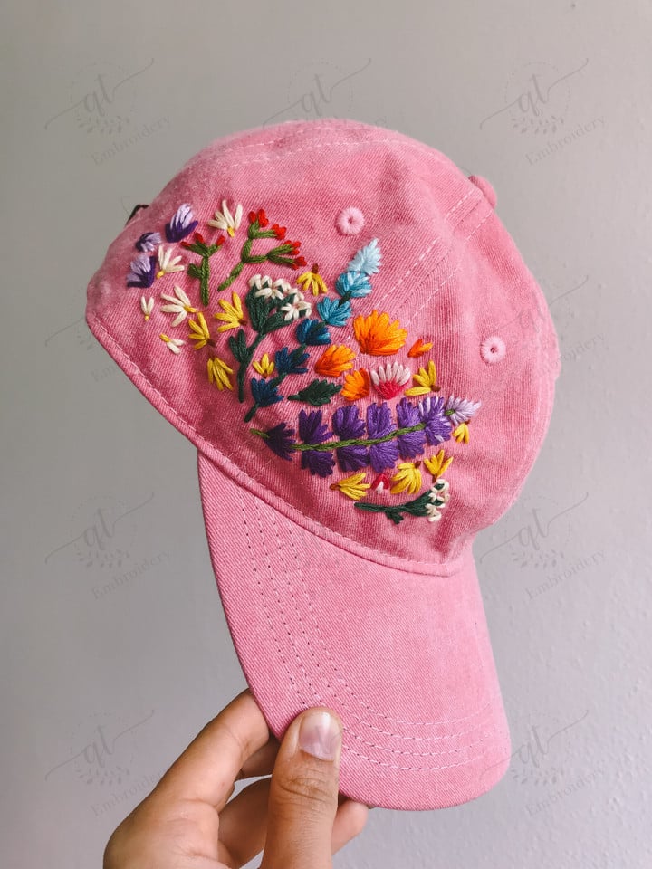 Hand Embroidery Daisy Flowers Hat, Purple Denim Cap, Floral Hat, Embroidered Baseball Cap, Vintage Hat For Woman